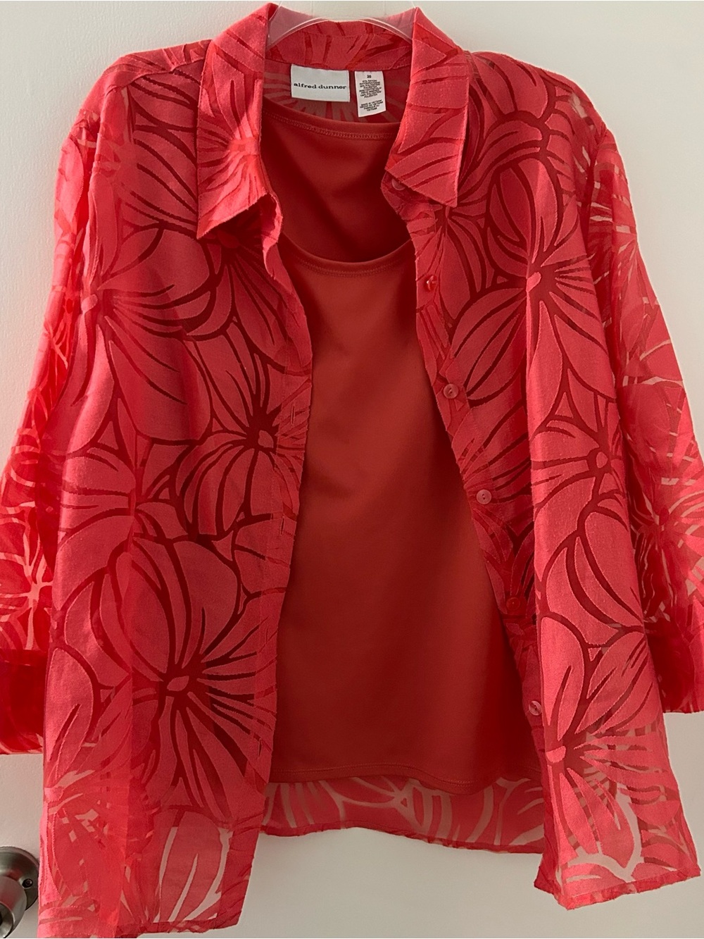 Alfred Dunner Coral Sheer Floral Button-Up Blouse with Matching Shell